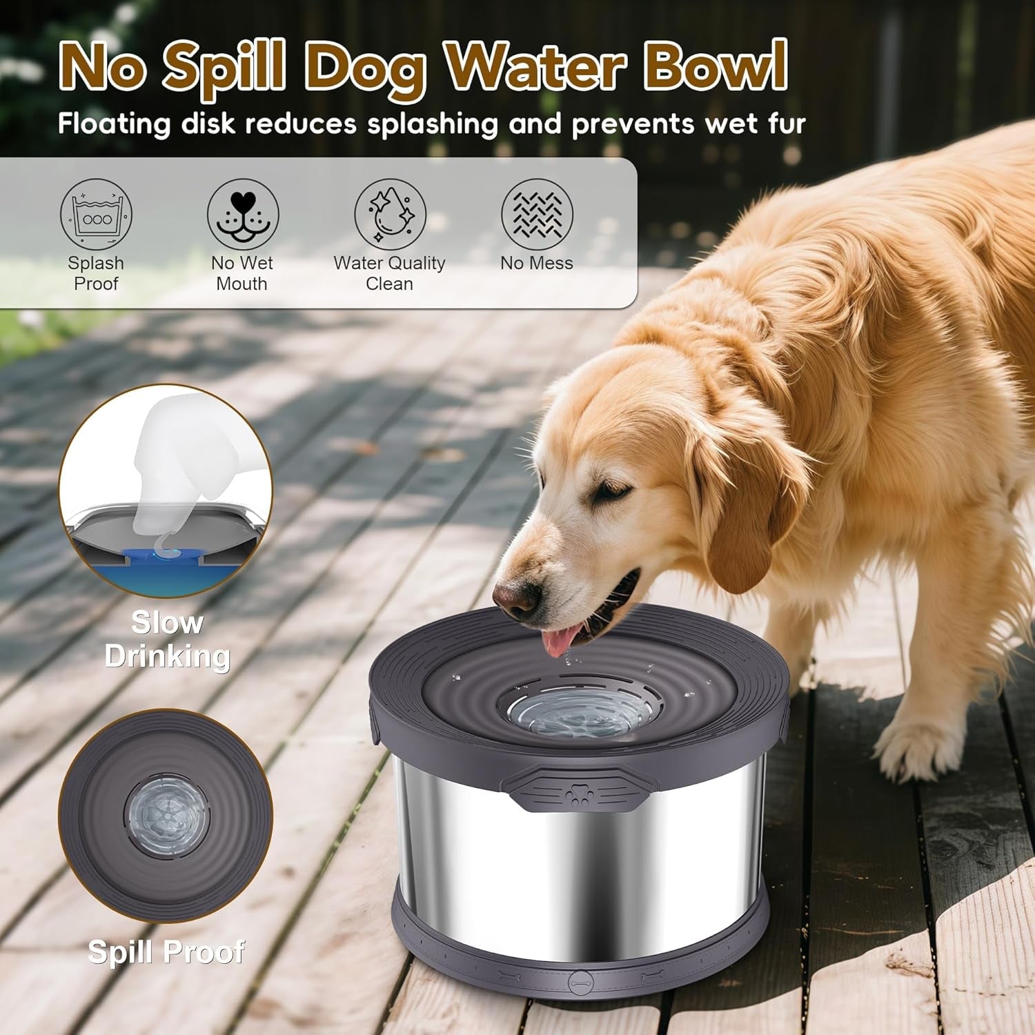 10L Dog Water Bowl, Large Capacity No Spill Dog Waters Bowls, Stainless Steel Spill Proof Slow Waters Feeder, No Splash Water Bowls (Black, 10L)
