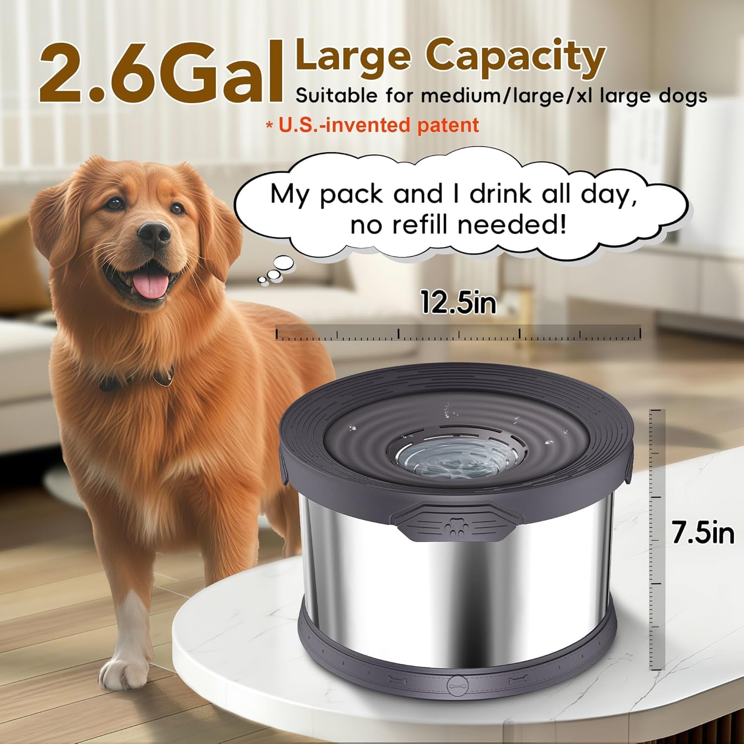 10L Dog Water Bowl, Large Capacity No Spill Dog Waters Bowls, Stainless Steel Spill Proof Slow Waters Feeder, No Splash Water Bowls (Black, 10L)